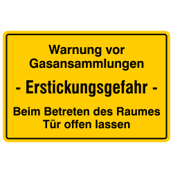 Warnung vor Gasansammlungen Erstickungsgefahr - Beim Betreten des Raumes Tür offen lassen, Aluminium gelb geprägt | b2b-schilder